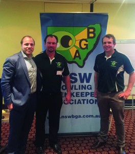 NSWBGA President Mick Woods with Secretary John Flaherty and rugby legend Phil Waugh