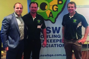 NSWBGA President Mick Woods with Secretary John Flaherty and rugby legend Phil Waugh